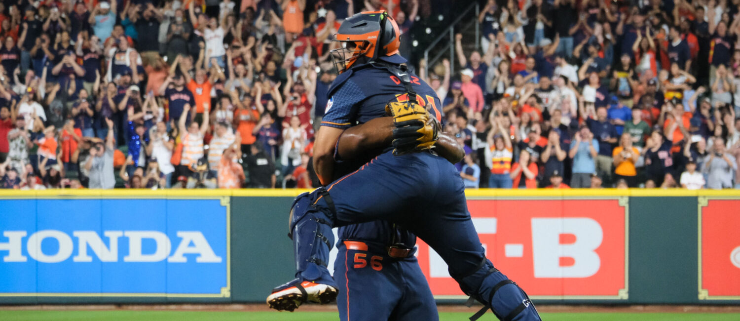 Houston Astros fifth starter Ronel Blanco is a strong man. A man strong enough to throw a no hitter against the Blue Jays. And to lift sturdy catcher Yainer Diaz clean up in the air. (Photo by F. Carter Smith)