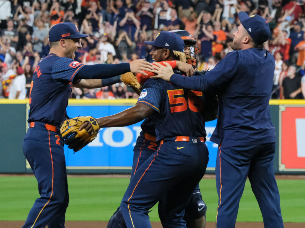 The Houston Astros could not wait to celebrate Ronel Blanco throwing a no hitter. (Photo by F. Carter Smith)