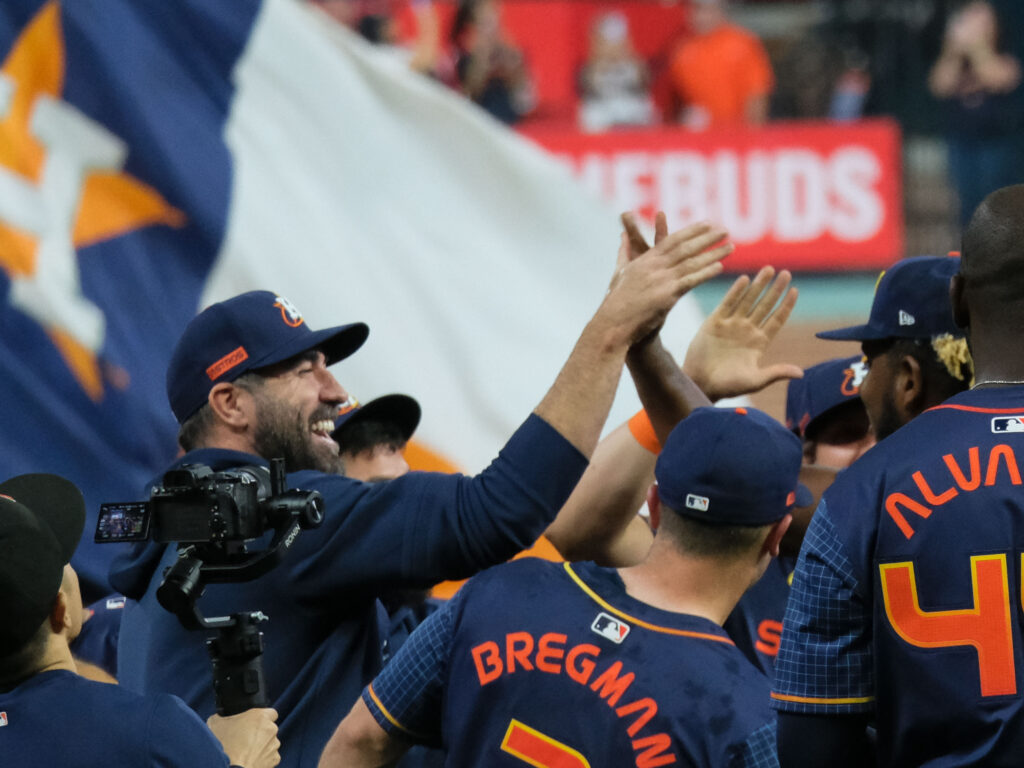 Injured Astros ace Justin Verlander could not wait to celebrate Ronel Blanco's no hitter. (Photo by F. Carter Smith) 