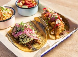 Maximo’s barbacoa and Mushroom Taco with rice and fruit with chamoy (Photo by Julie Soefer)