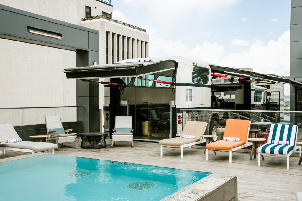 The Bobby Nashville rooftop features a 1956 retrofit scenic cruiser bus that you can actually dine in. 