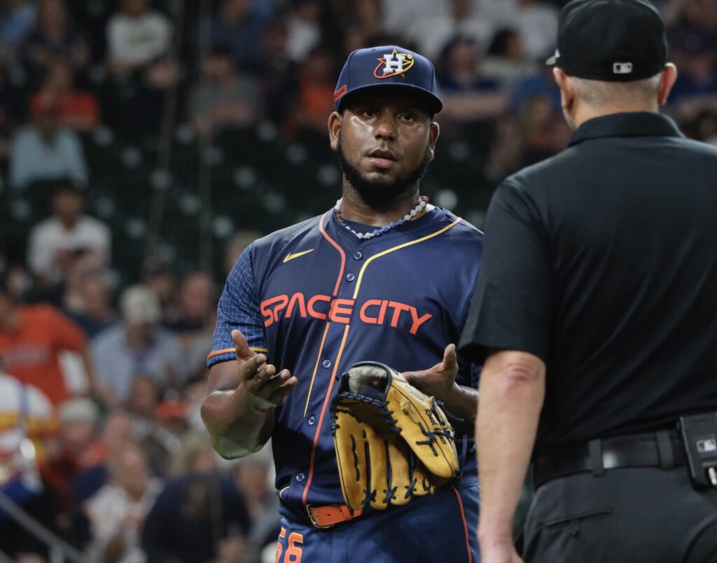 Houston Astros pitcher Ronel Blanco had the umpires ask to check his glove twice during his no hitter. They found nothing. Just like the Blue Jays got nothing in the hits column. (Photo by F. Carter Smith)