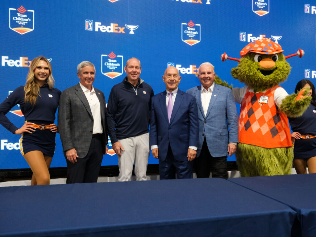 The Houston Open brought out PGA Tour commissioner Jay Mohanan (center, next to Jim Crane), Orbit and more power players. (Photo by F. Carter Smith)