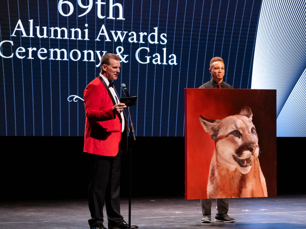 A portrait painting of Shasta went up for auction at the UH Alumni Awards. (Photo by F. Carter Smith)