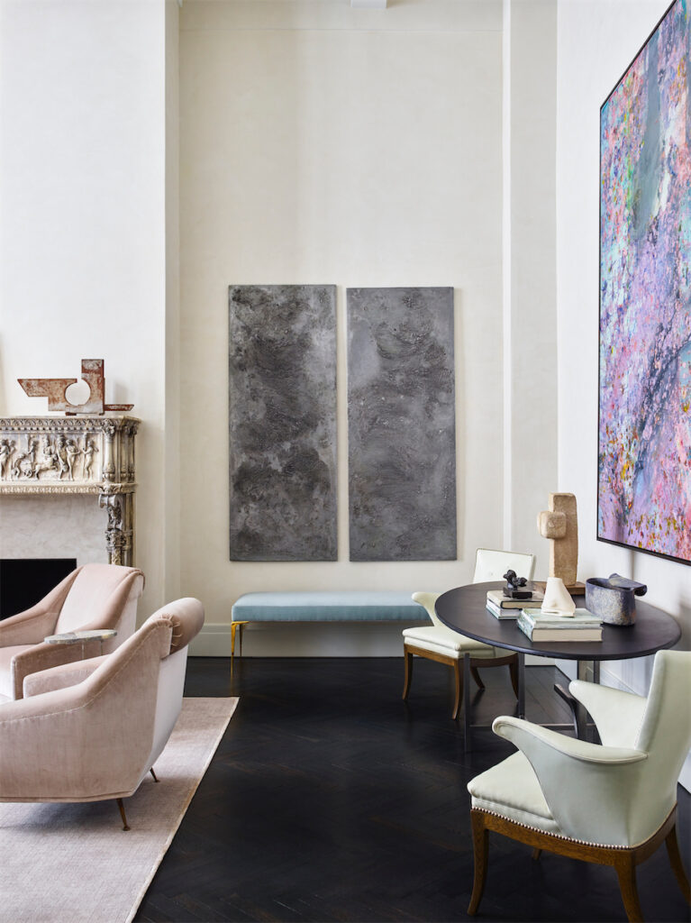 Above bench, diptych by unknown artist made from architectural pieces from a building in Paris. (Photo by Eric Piasecki)