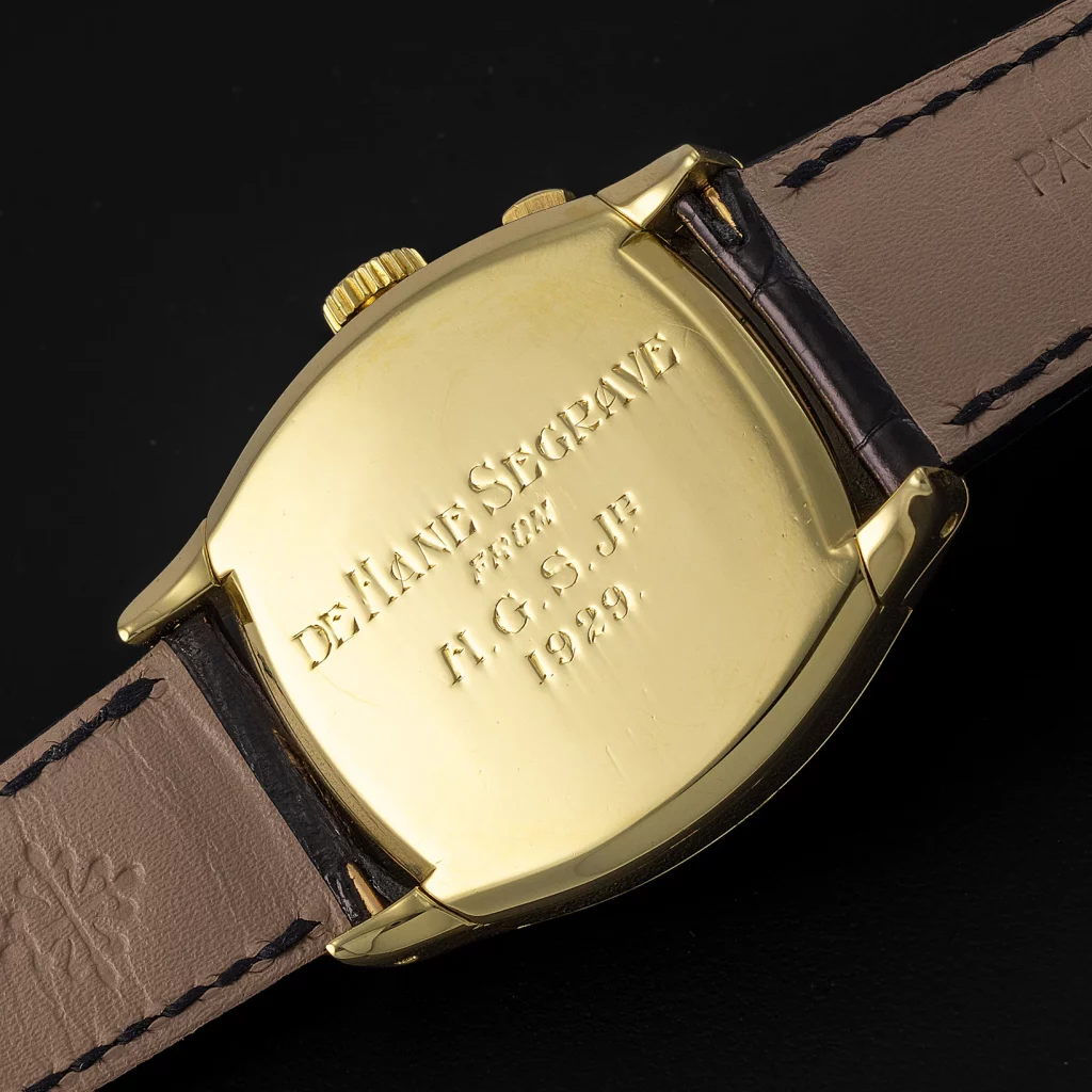 The personal engraving on the Sir Henry Segrave Patek Philippe watch that sold for $1.85 million at the Monaco Legend Group’s Exclusive Timepieces Auction. (Photo courtesy of Monaco Legend Group)