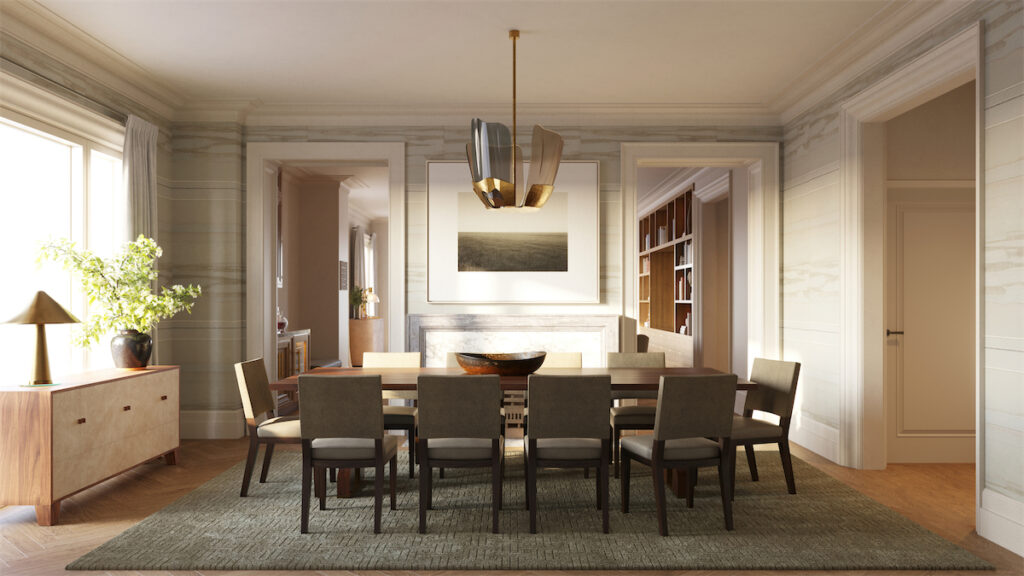 A rendering of a dining room in one of the Rosewood Residences condos. 