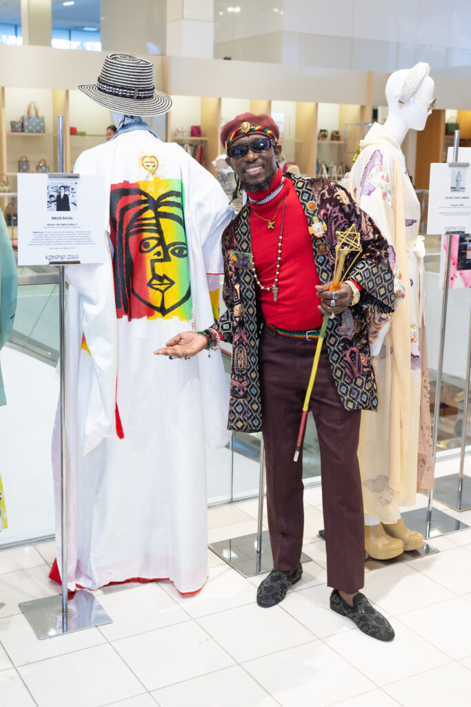 Rohan Whyte with his 'Rastacasso' kimono design at Kimono Zulu fashion exhibition at Neiman Marcus (Photo by Wilson Parish)