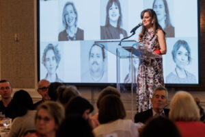 Craft Center executive director Leila Cartier addresses crowd at the Houston Center for Contemporary Craft Spring Luncheon 2024 (Photo by Katy Anderson)