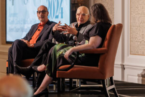 Honorees Garth Clark & Mark Del Vecchio chat collecting with MFAH curator Cindi Strauss at Houston Center for ContemporaHonorees Mark Del Vecchio & Garth Clark chat collecting with MFAH curator Cindi Strauss at Houston Center for Contemporary Craft Spring Luncheon 2024 (Photo by Katy Anderson