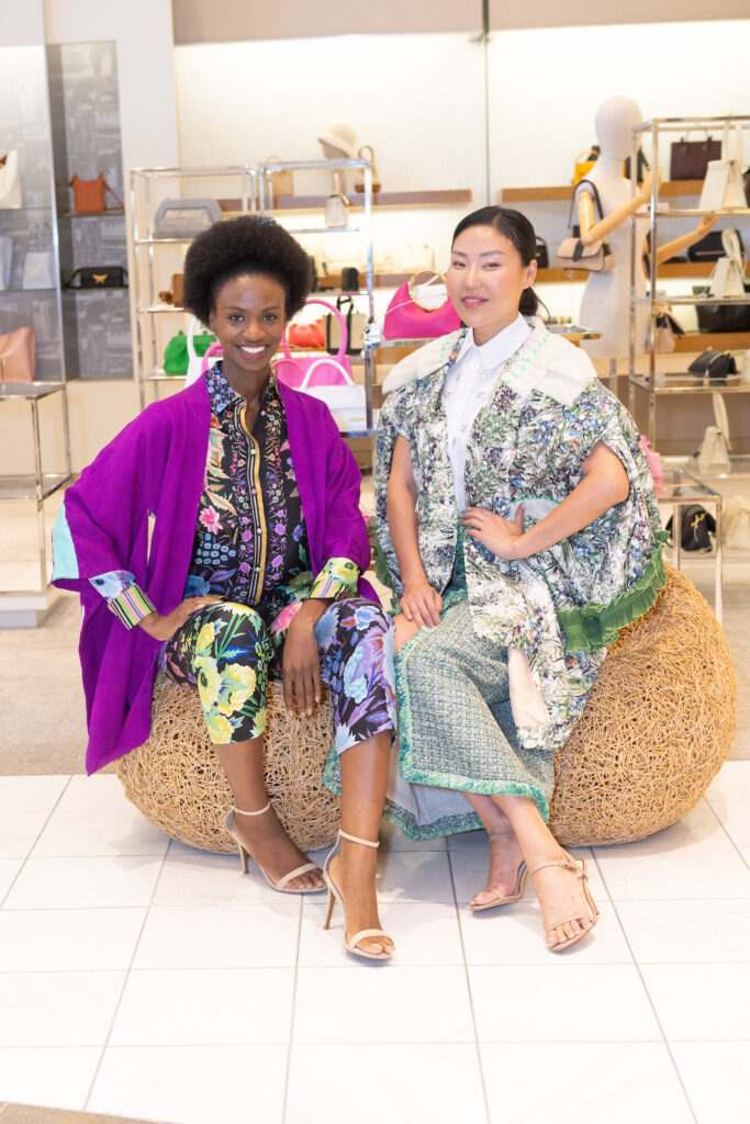 Models in 'White Lotus Whimsy' (Left) kimono & 'Over the Round Top Mama' (Right) kimono at Kimono Zulu fashion exhibition at Neiman Marcus (Photo by Wilson Parish)