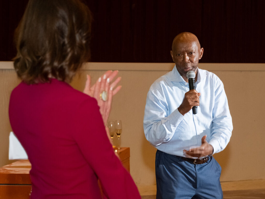 Former Houston mayor Sylvester Turner pointed to Phoebe Tudor (left) as providing a huge push to save the River Oaks Theater. (Photo by F. Carter Smith) 