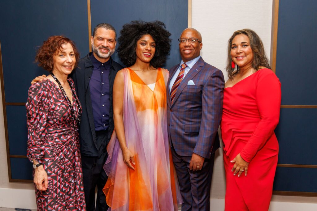Sarah Rothenberg, Jason Moran, Alicia Hall Moran, Drs. Anthony and Annette Brissett  t DACAMERA's Music Salons and Jazz Supper Club evening (Photo by Katy Anderson)