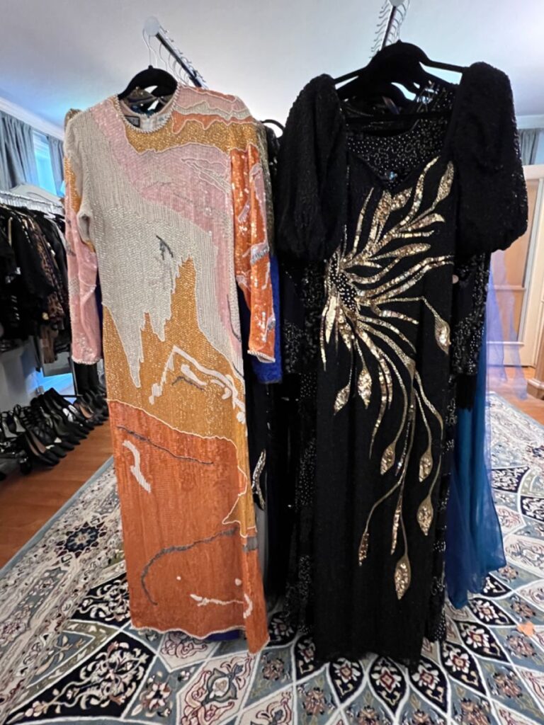 Vintage Halston gowns on display in one of the estate's many "boutiques." (Photo by Dallas Estate Sellers)