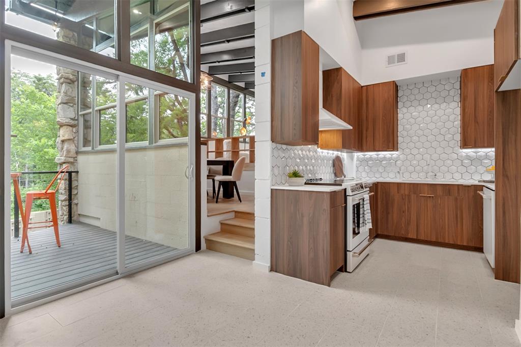 A touch of terrazzo in the updated kitchen.
