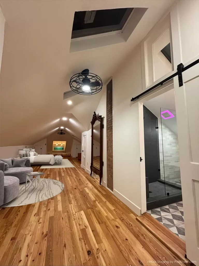 The skylit primary suite. 