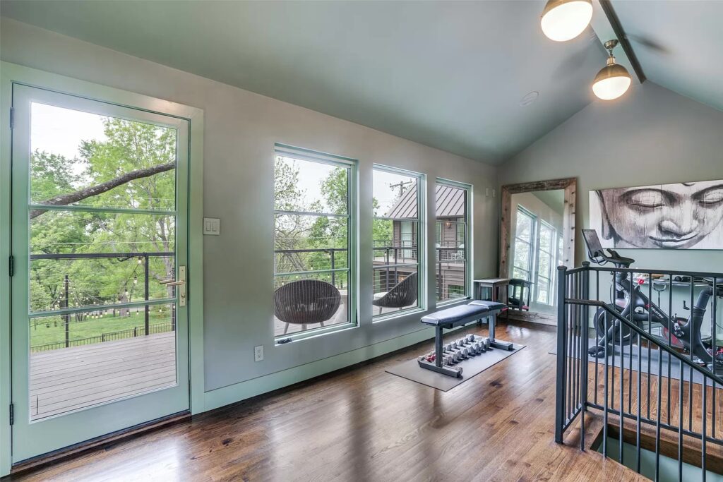 A landing being used as a home gym.