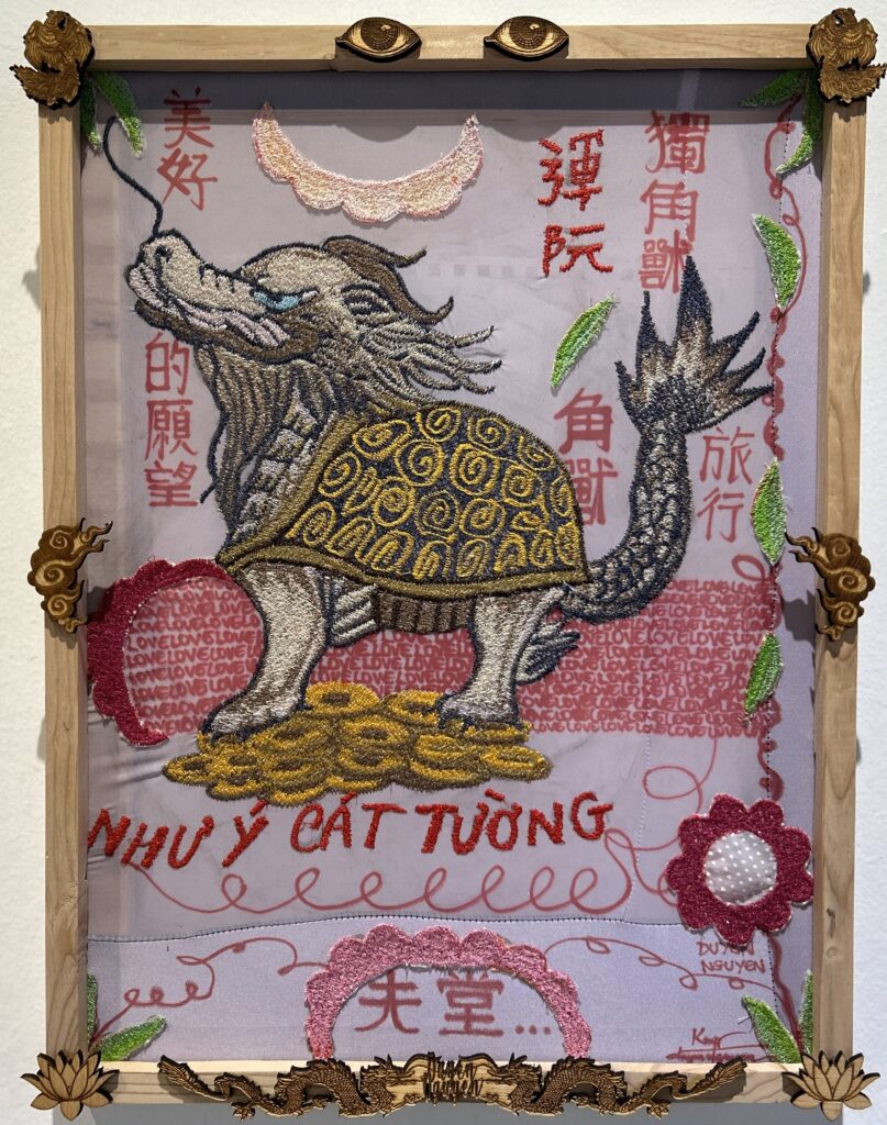 Duyen Nguyen hand embroidered "Dragon Turtle," 2022, stitching folklore into the fabric (Photo by Jeremiah Johnson)