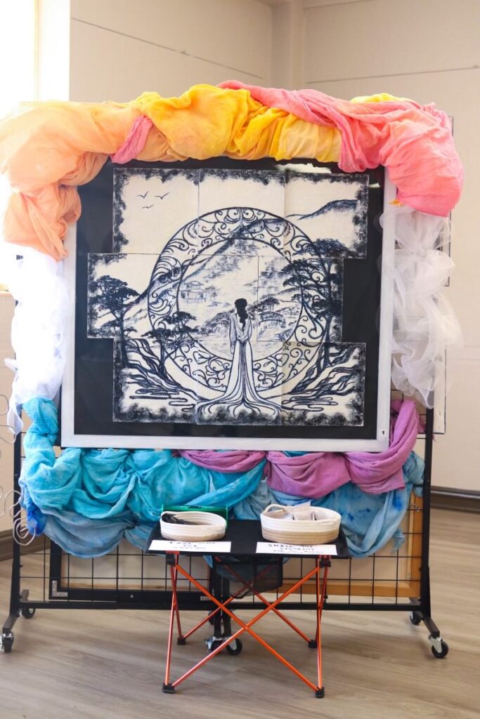 M E Klesse's "Dream Weaver" charcoal polyptych meditates on freedom of choice. (Photo by J.P. Zenturo)