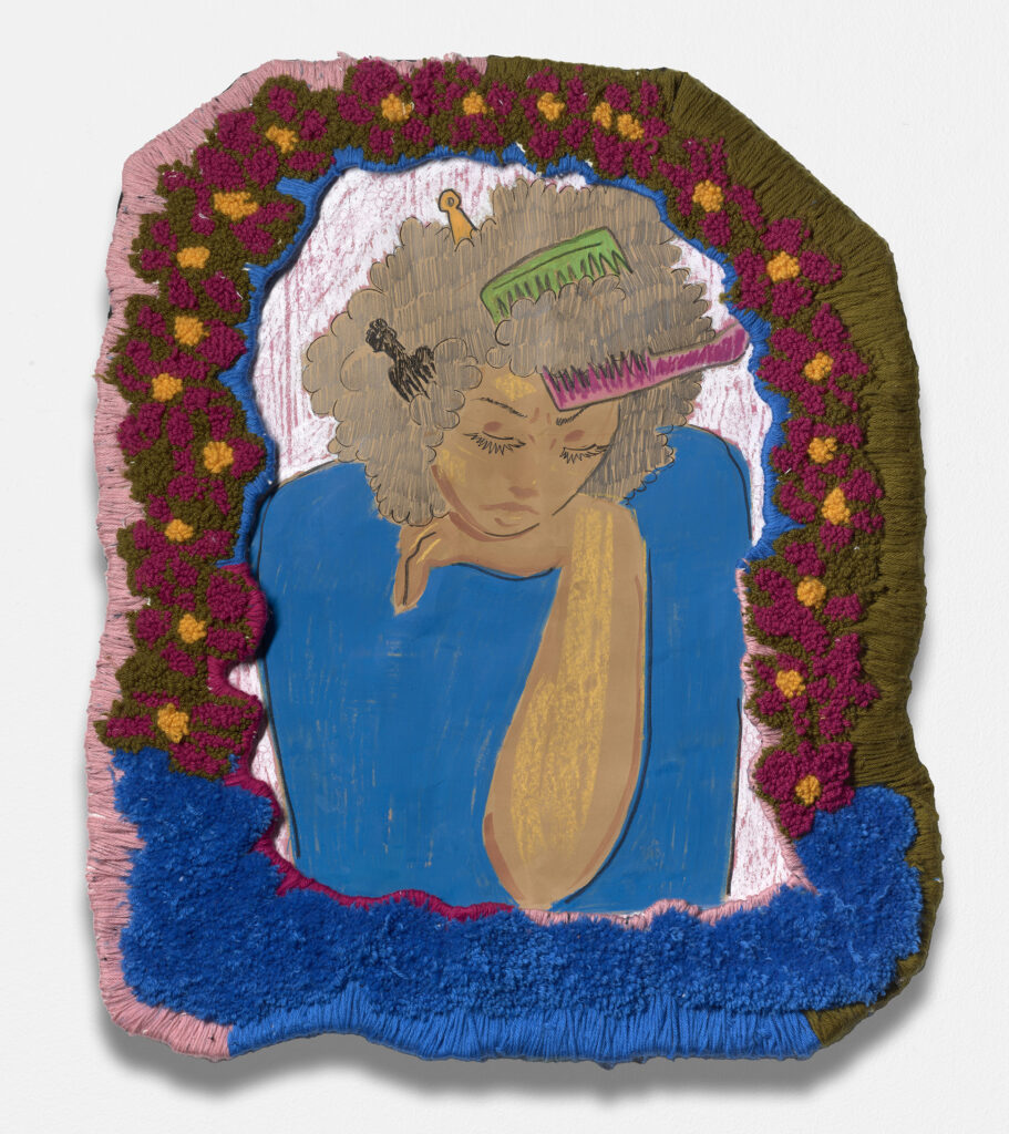 Alexis Pye's "Stressed," 2024. Graphite, ink, pastel, and acrylic yarn on paper. (Photo by Thomas DuBrock. Courtesy Alexis Pye and Inman Gallery, Houston)