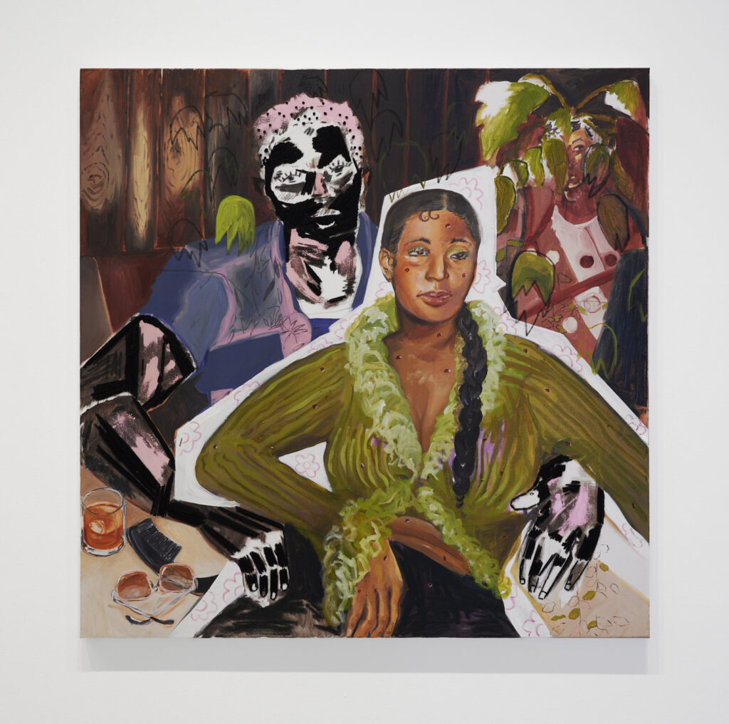 Alexis Pye's "Therapy," 2024. Oil, oil pastel and tapestry wool on canvas. An installation view of "Alexis Pye: The Melancholic Girls Brigade: The Lovers, The Dreamers, and Me," which will be exhibited through July 6, 2024 at Inman Gallery. (Photo by Jake Eshelman. Courtesy Alexis Pye and Inman Gallery, Houston)