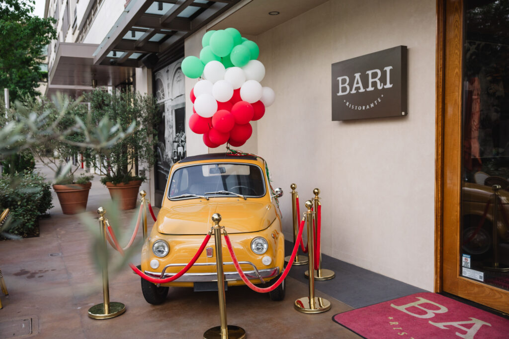 The welcoming Fiat was dressed in balloons for Bari's first year anniversary bash. (Photo by Johnny Than )