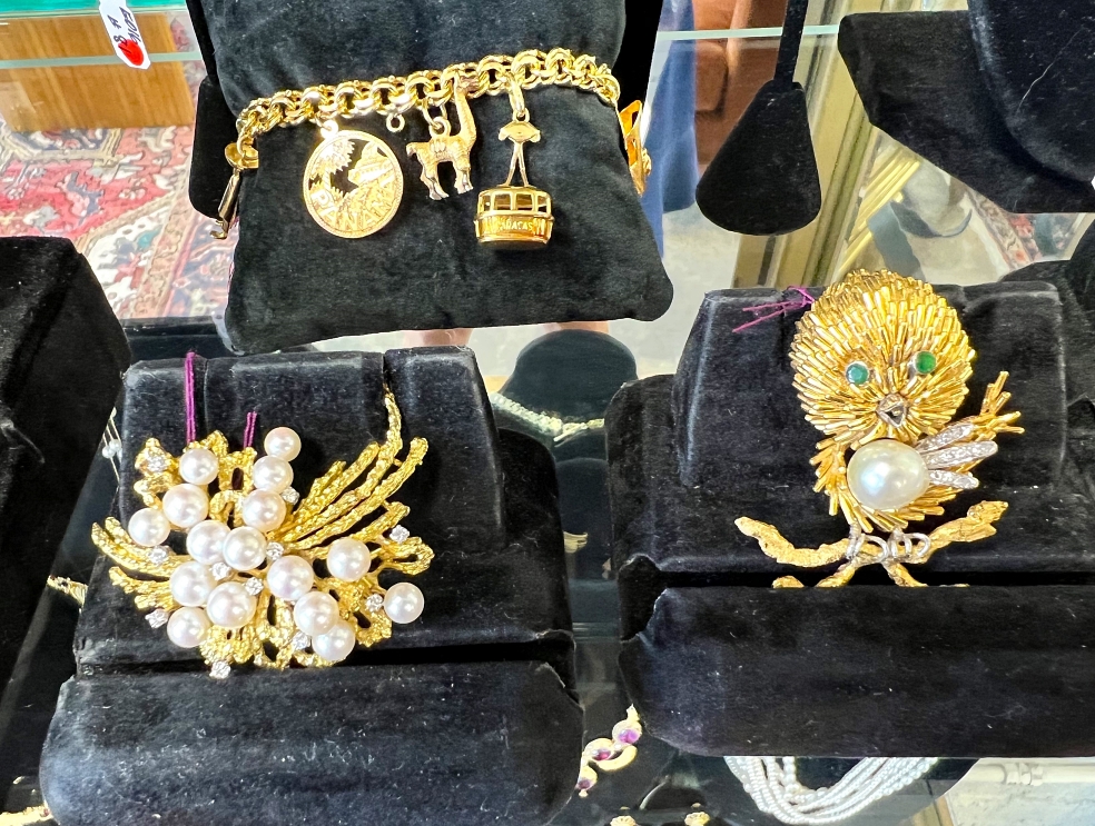 Broaches on display.