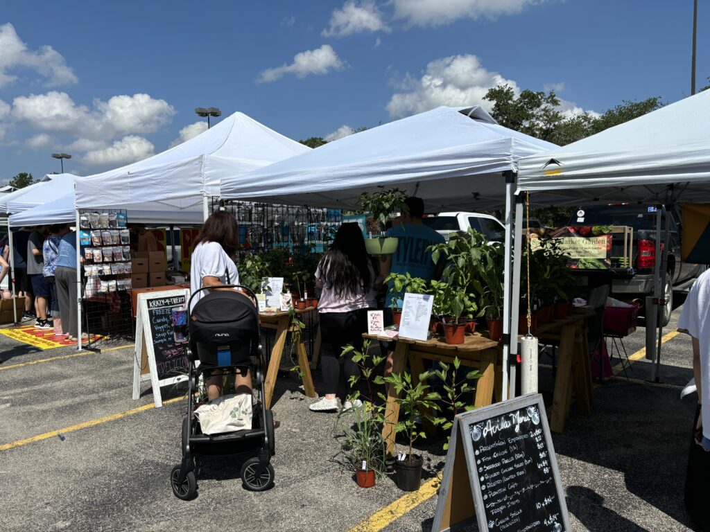 Live plants, and peaches from Fredericksburg (available thru August) are available at The Woodland Farmers Market. (Photo by Laura Landsbaum)