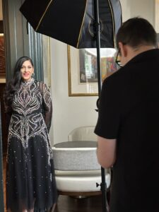 Dr. Sippi Khurana wearing Bibhu Mohapatra for the PaperCity Philanthropy in Fashion Houston Best Dressed photo shoot at La Colombe d'Or. (Photo by Shelby Hodge)