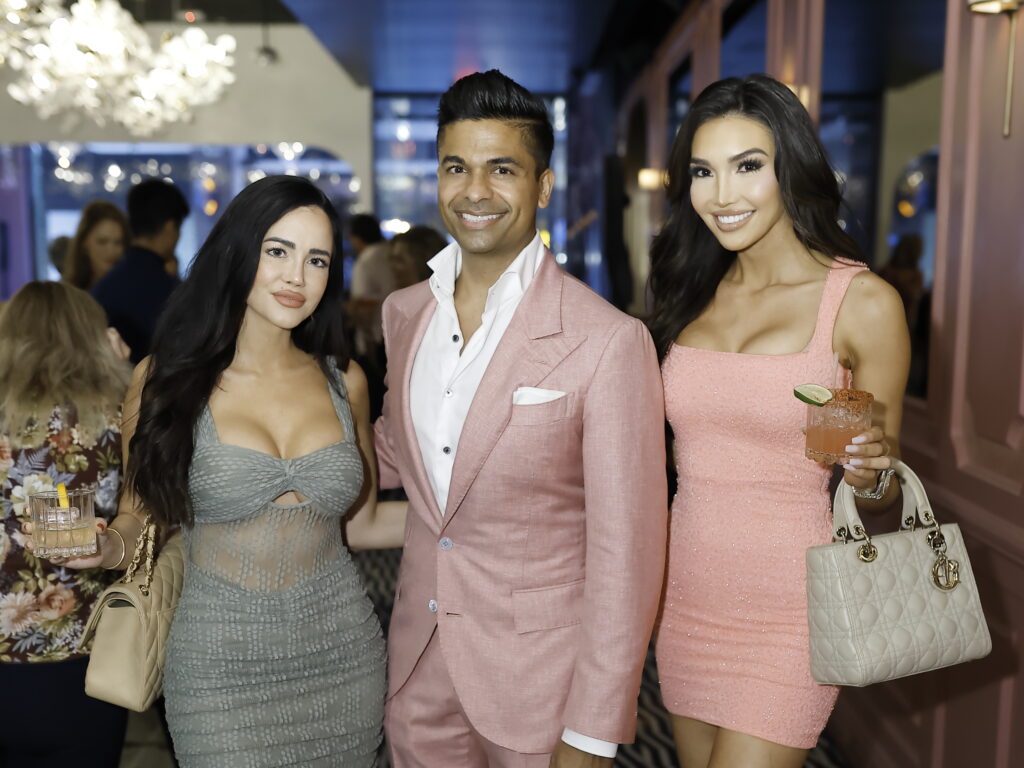 Irene mavrianos, Veeral Rathod, Victoria Hinojosa at the American Cancer Society 'Men Wear Pink' event at PostScript (Photo by Quy Tran)
