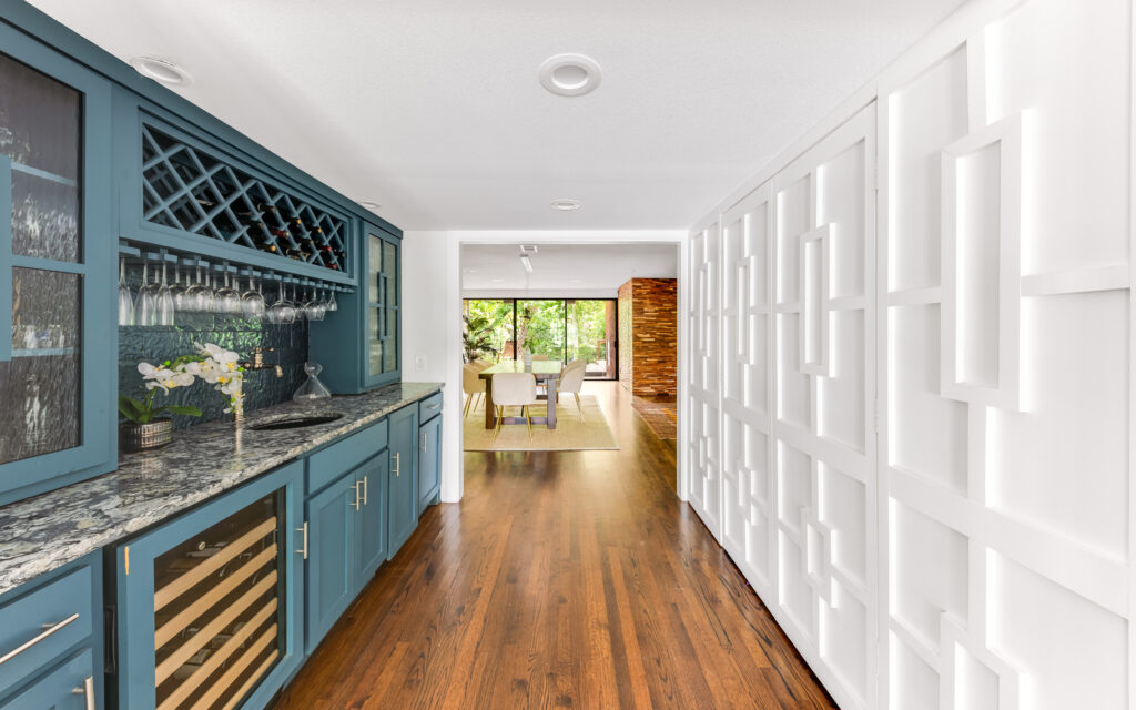 Midcentury detailing blends with modern additions like this lovely wet-bar at 2365 Park Place.
