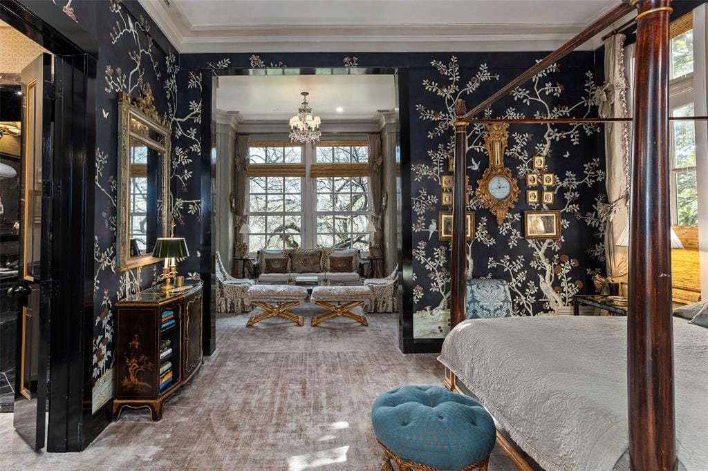 The gracious primary suite at 65 Westover Terrace with its seating room filled with lush draperies and wallcoverings.