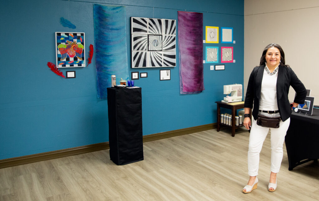 Nancy Ofori's woven works required a combination of stitching and painting to encapsulate the theme and title of the piece, "Control." (Photo by Derik J. Mercado) 