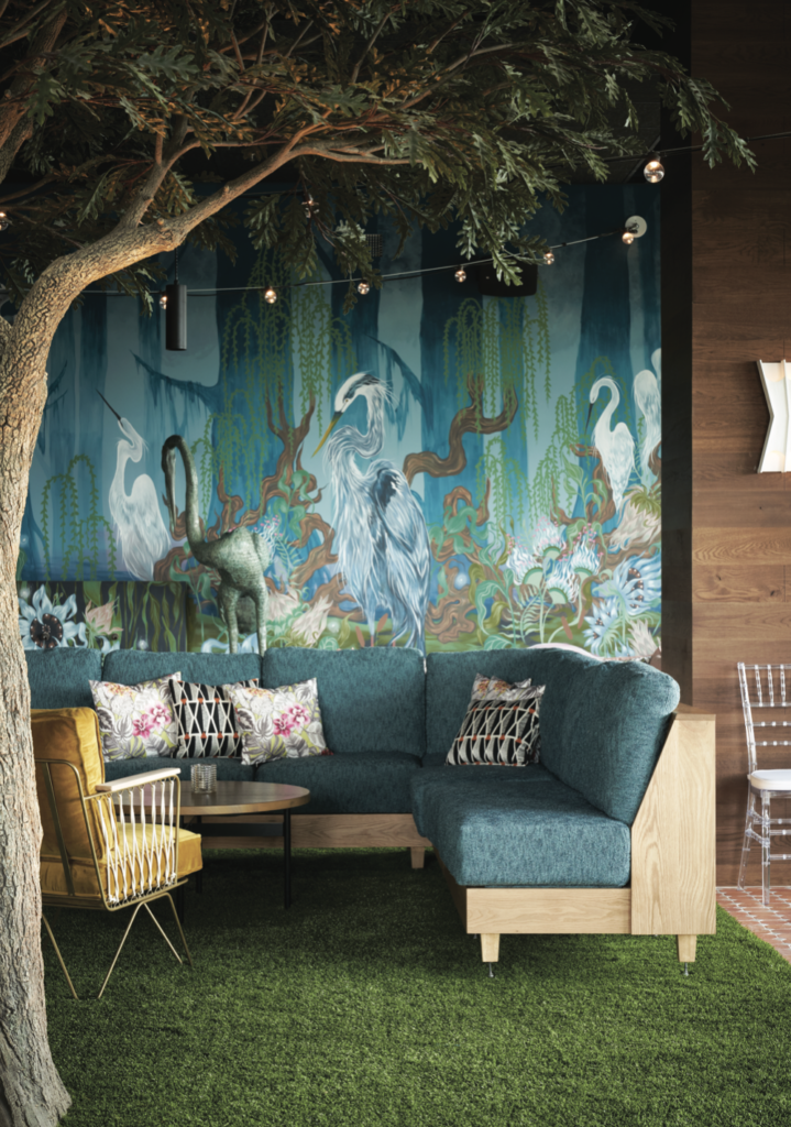 Texas artist Jessica Rice created a mural with cranes, the Park House signature bird, for The Garden. (Photography by Pär Bengtsson)  (Photo by Pär Bengtsson and Michelle Aviña)