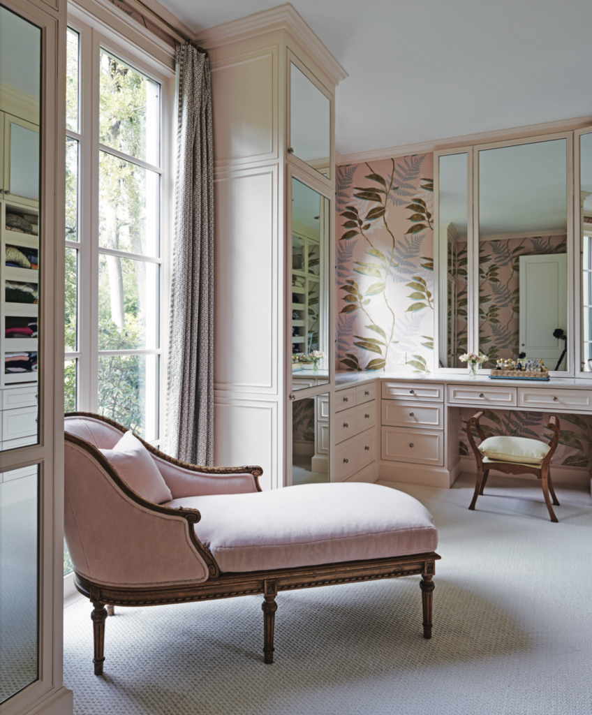 In the main bedroom dressing area, French 19th-century chaise longue in Brunschwig et Fils bouclé. Osborne & Little wallcovering from ID Collection.  (Photo by Richard Powers)