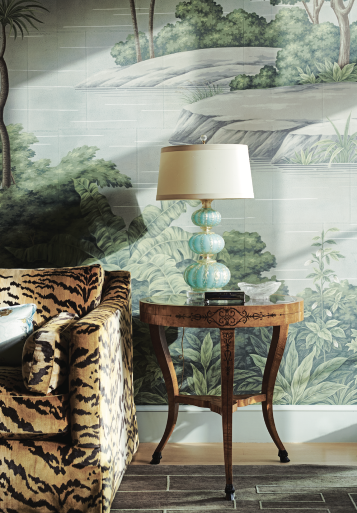 Custom sofa in Nobilis tiger velvet. Venetian glass lamp from John Gregory Studios.  (Photo by Richard Powers)