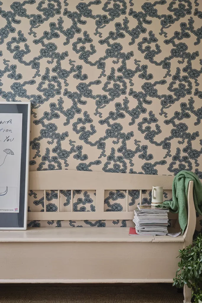 Farrow & Ball’s The Purnon Papers in Adelai, a unique floral found in the bedroom of the family who originally built  .