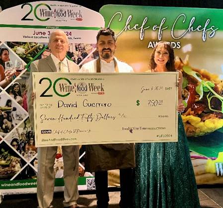Chef David Guererro (center) took home a check for $750 for second place during the Chef Showcase on Saturday, presented by Clifton and Constance McDerby, founders of Food and Vine Time Productions.