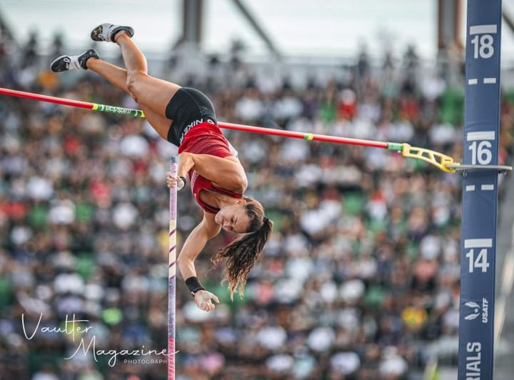 Brynn King clears the bar at the Olympic Trials in Eugene, Oregon.  Her height met the minimum qualifying standard for the Olympics and put her in third place at the Trials, which puts her on the Olympic team.   (Photo by Doug Bouma)