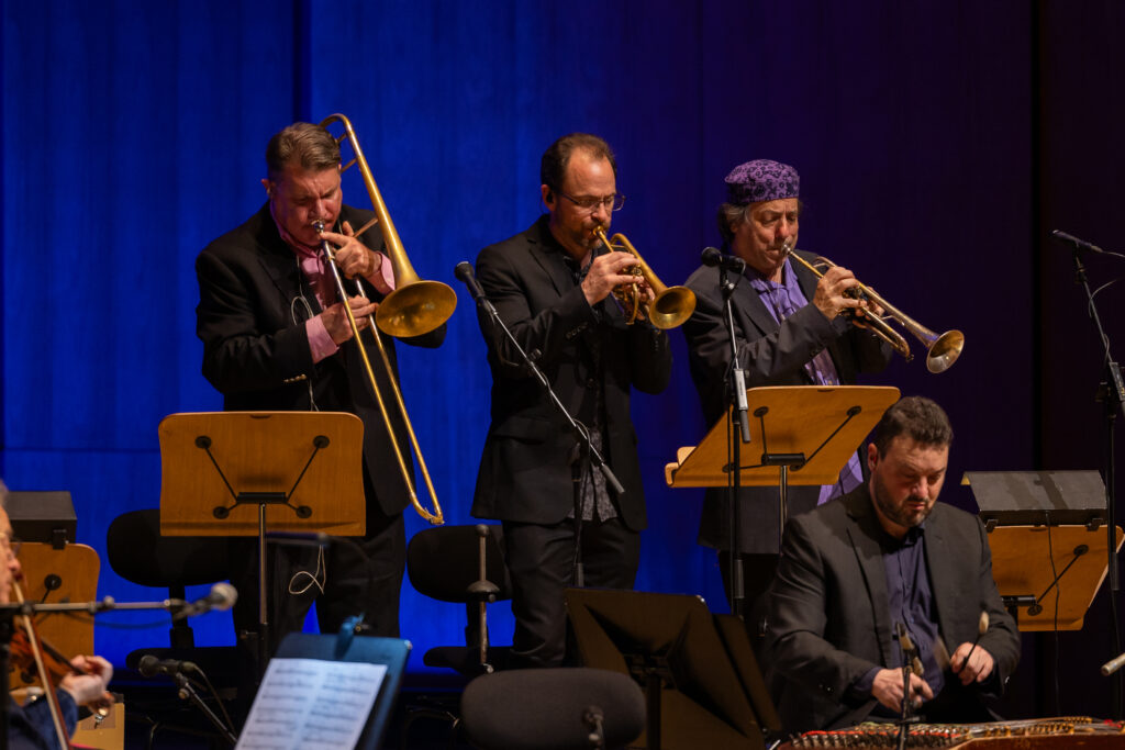 From left: Mark Hamilton (trombone), Mark Berney (trumpet), and Frank London (trumpet). (Photo by Melissa Taylor)