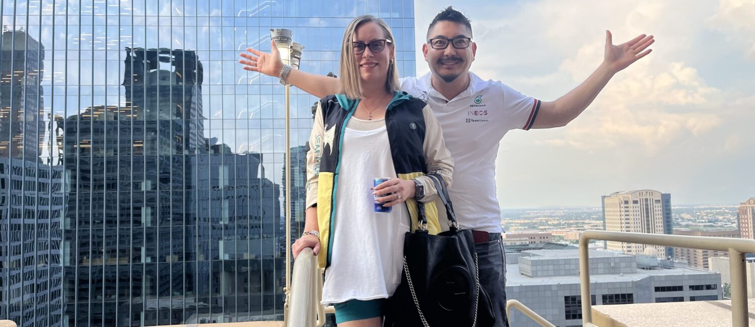 Krishena Anderson & Marcos Ikeda admire the view from a balcony at Kaze Burning Man Esperson Building. (Photo by Jenna Baer).