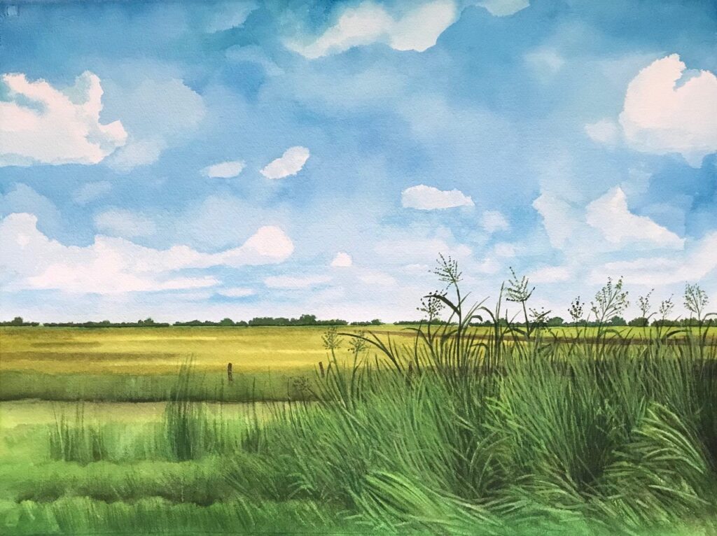 Ken Mazzu’s “Distance: Chambers County,” watercolor, 22”x30”, 2022 (Photo courtesy of MFAH)