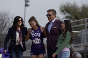 Demi Moore and Jon Hamm as TCU parents in Landman