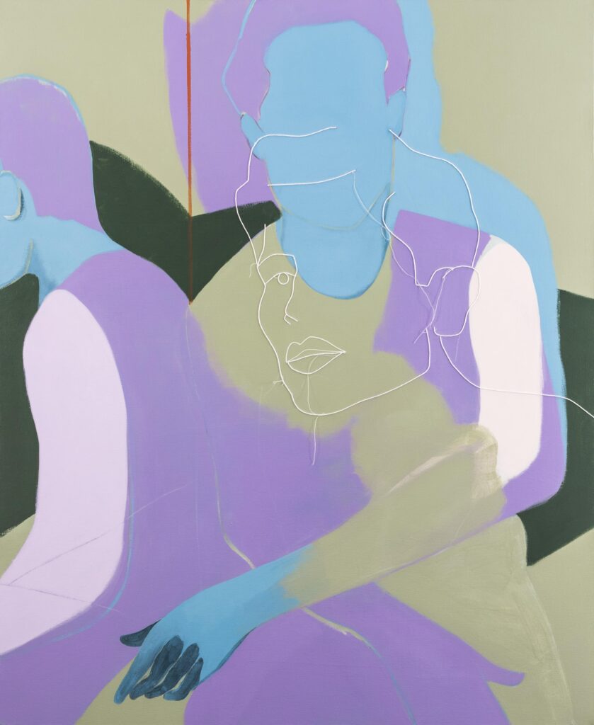 In Untitled #598, Vallejo traces a distinctive thread of embroidery through the painting to add language to his painting.