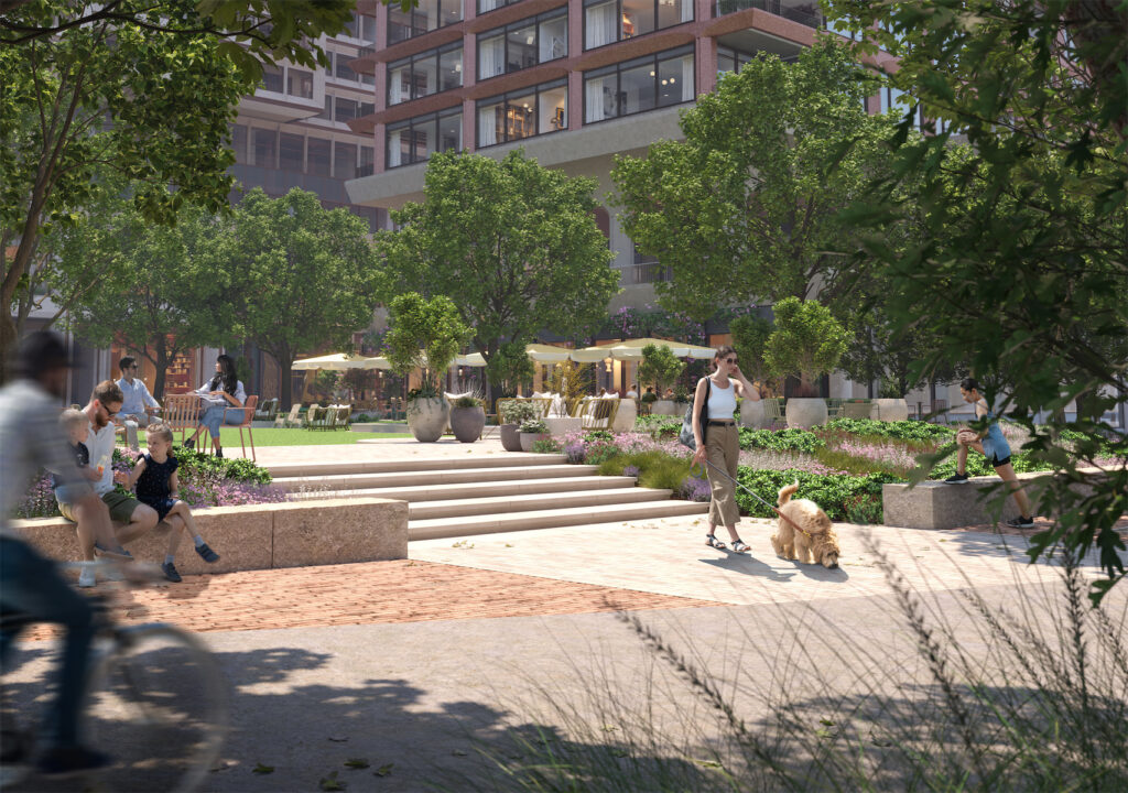 A rendering of the Knox development's Trailhead Park, right off the Katy Trail. (courtesy of Woods Bagot)