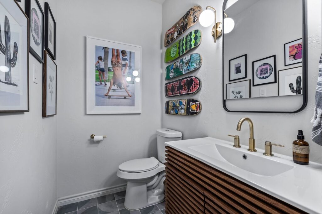 A clean-lined modern powder room.