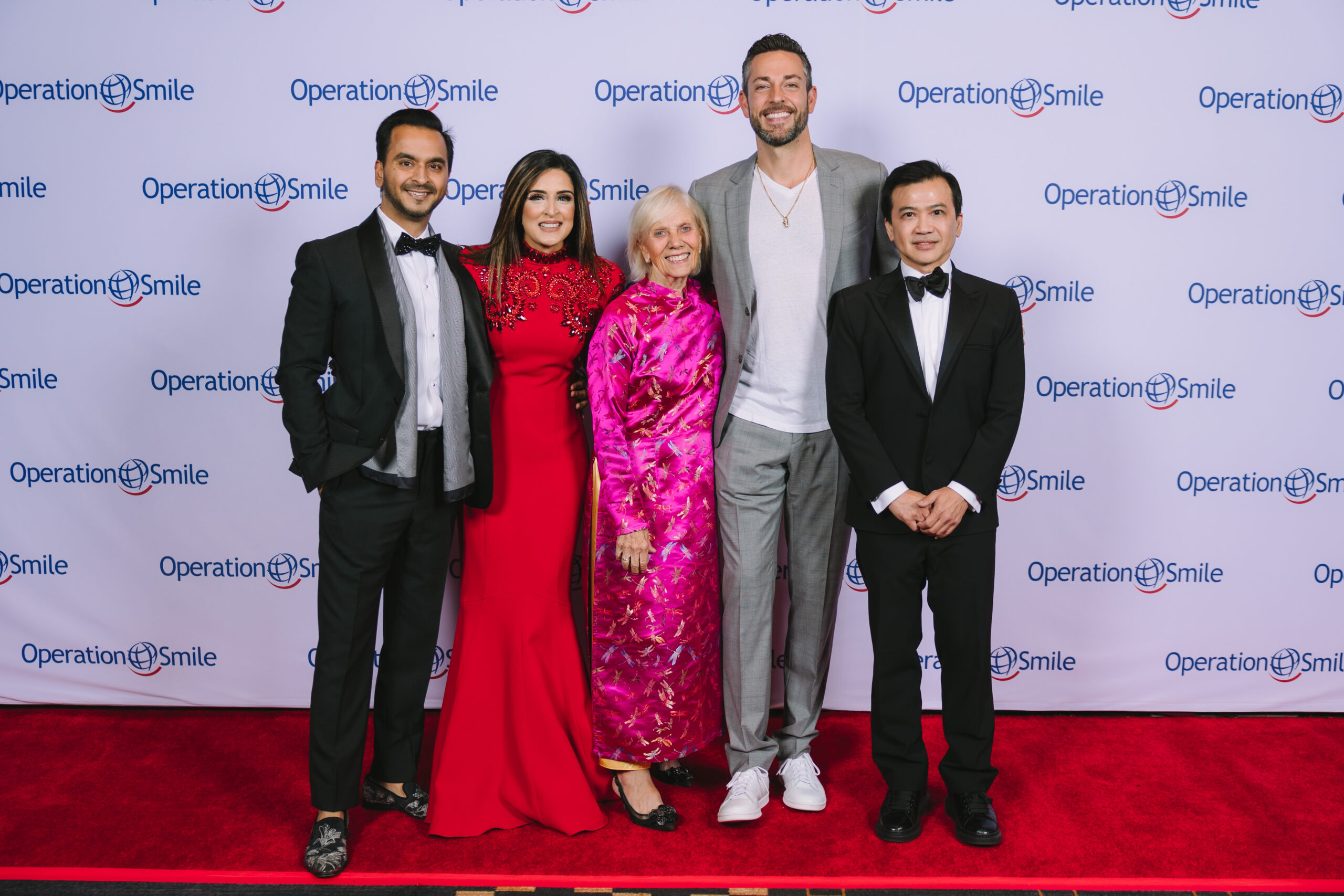 Event Chairs Viet Hoang & Sneha Merchant with Operation Smile Founder Kathy Magee and gala honoree Zachary Levi at the Operation Smile 7th Annual Smile Gala in Houston, Texas