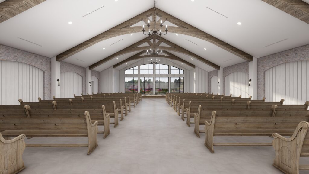 The Blue Magnolia's chapel features restored church pews, now elegantly finished for a fresh, refined look. (Rendering courtesy of The Blue Magnolia)