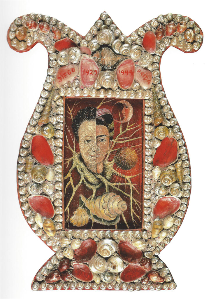 Frida Kahlo, Diego and Frida 1929–1944, 1944, oil on Masonite with original painted shell frame, private collection, courtesy Galería Arvil, México. © 2024 Banco de México Diego Rivera Frida Kahlo Museums Trust, Mexico, D.F. / Artists Rights Society (ARS), New York