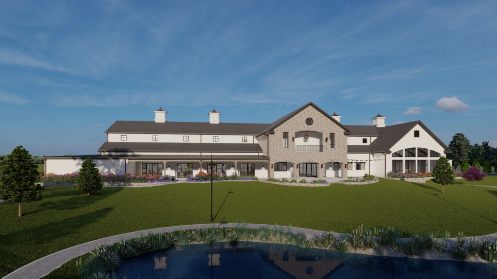 The chapel, to the far right, has large windows that can open when seasonally appropriate. A bridge over the pond will be a lovely setting for photos. (Rendering courtesy of The Blue Magnolia)